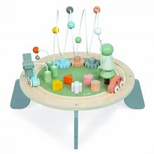 Janod Cocoon Activity Table for children with wooden blocks and toys and beads that move along wire structures