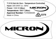 Photograph of T 2110 Micron Hot Air Gun Label