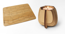 plywood sheet and assembled candle holder with candle
