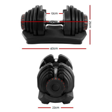Photograph of the adjustable dumbbell set showing dimensions